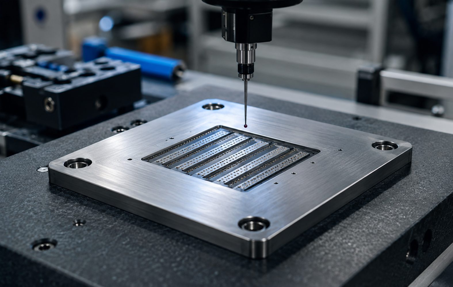 Coordinate measuring machine probe inspecting a precision machined plate