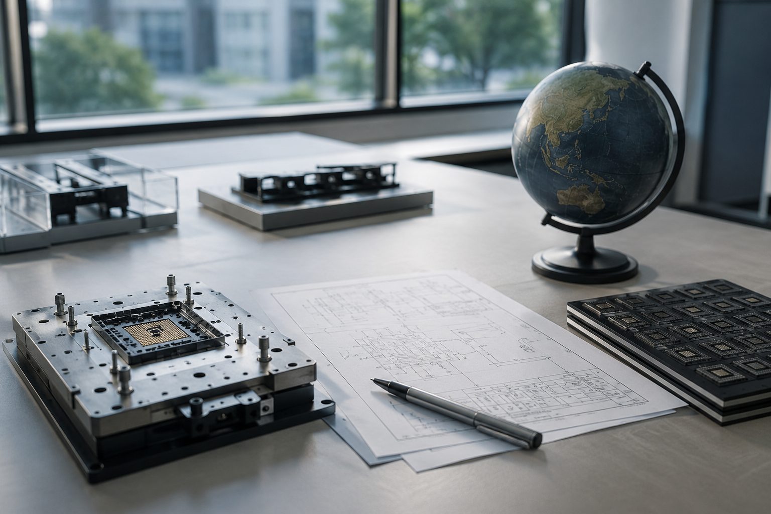DODO TECH engineers reviewing a socket plate design with test hardware on the desk