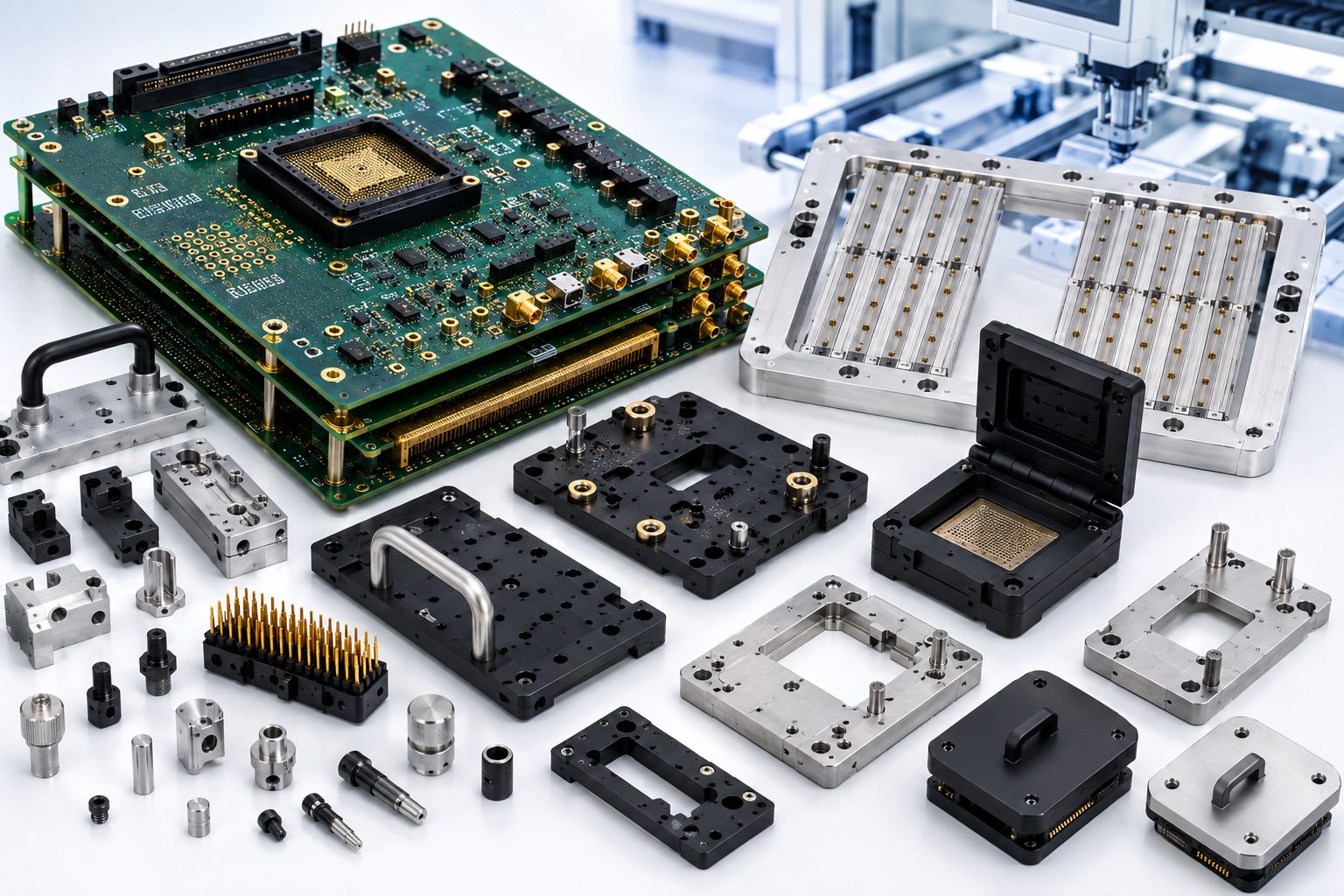 DUT card stack, stiffener frame, test sockets and precision spares in the DODO TECH assembly area