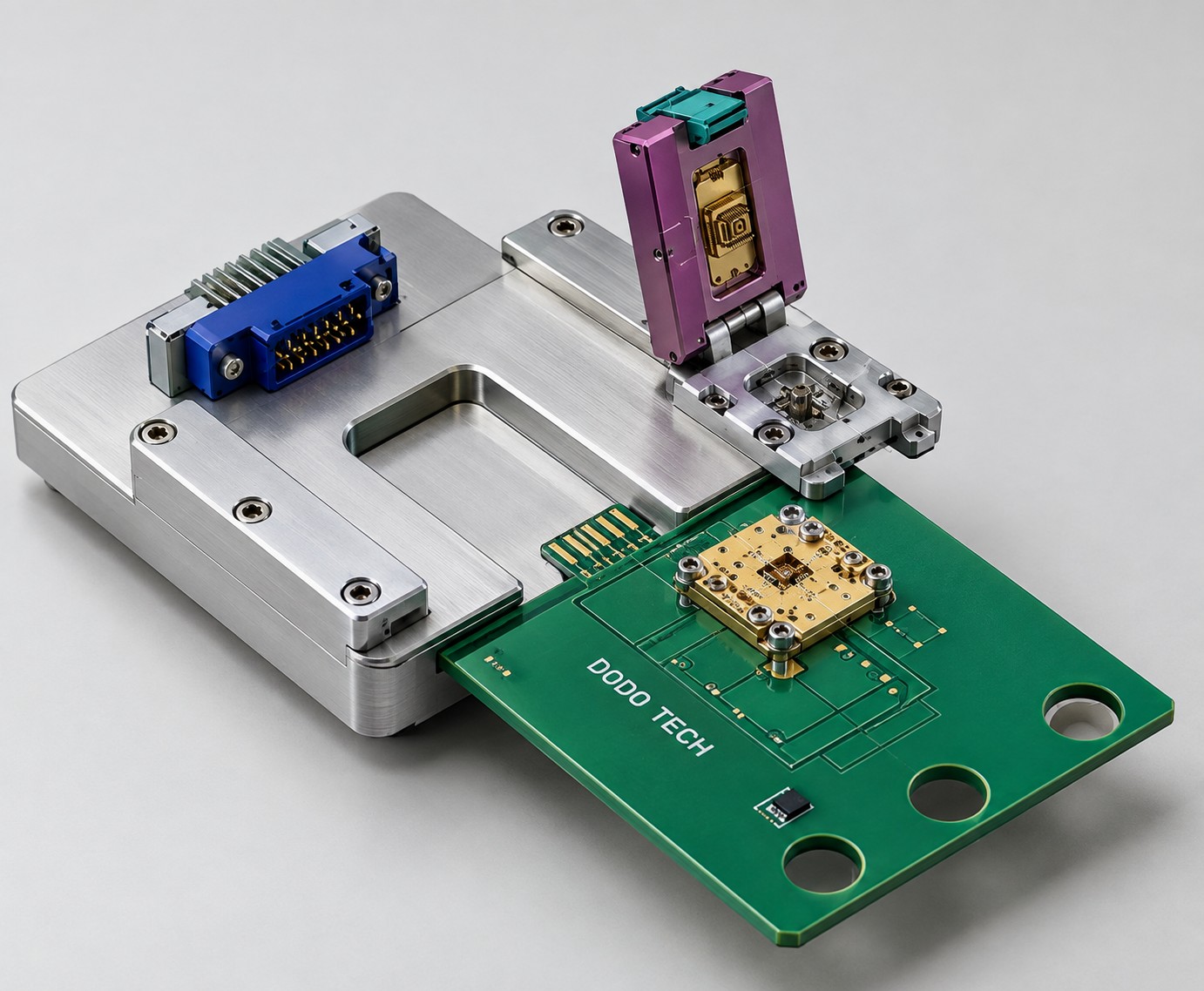 Manual test socket mounted on a PCB, with mating connector and device cavity