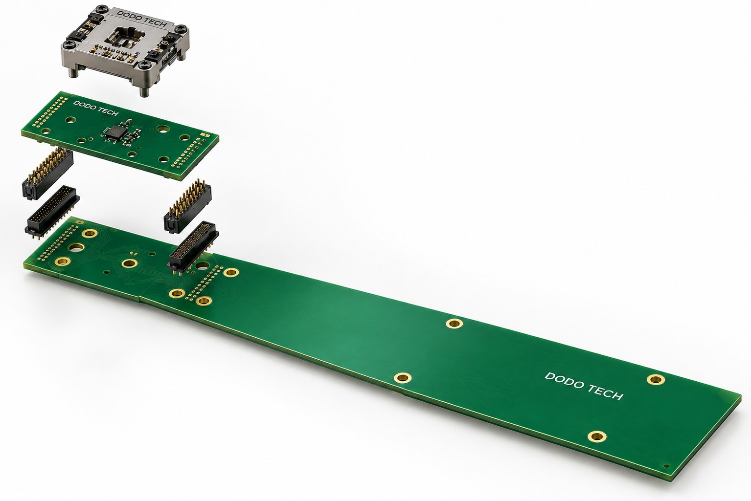 Exploded view of an automated test socket assembly with PCB, connectors, and mounting base