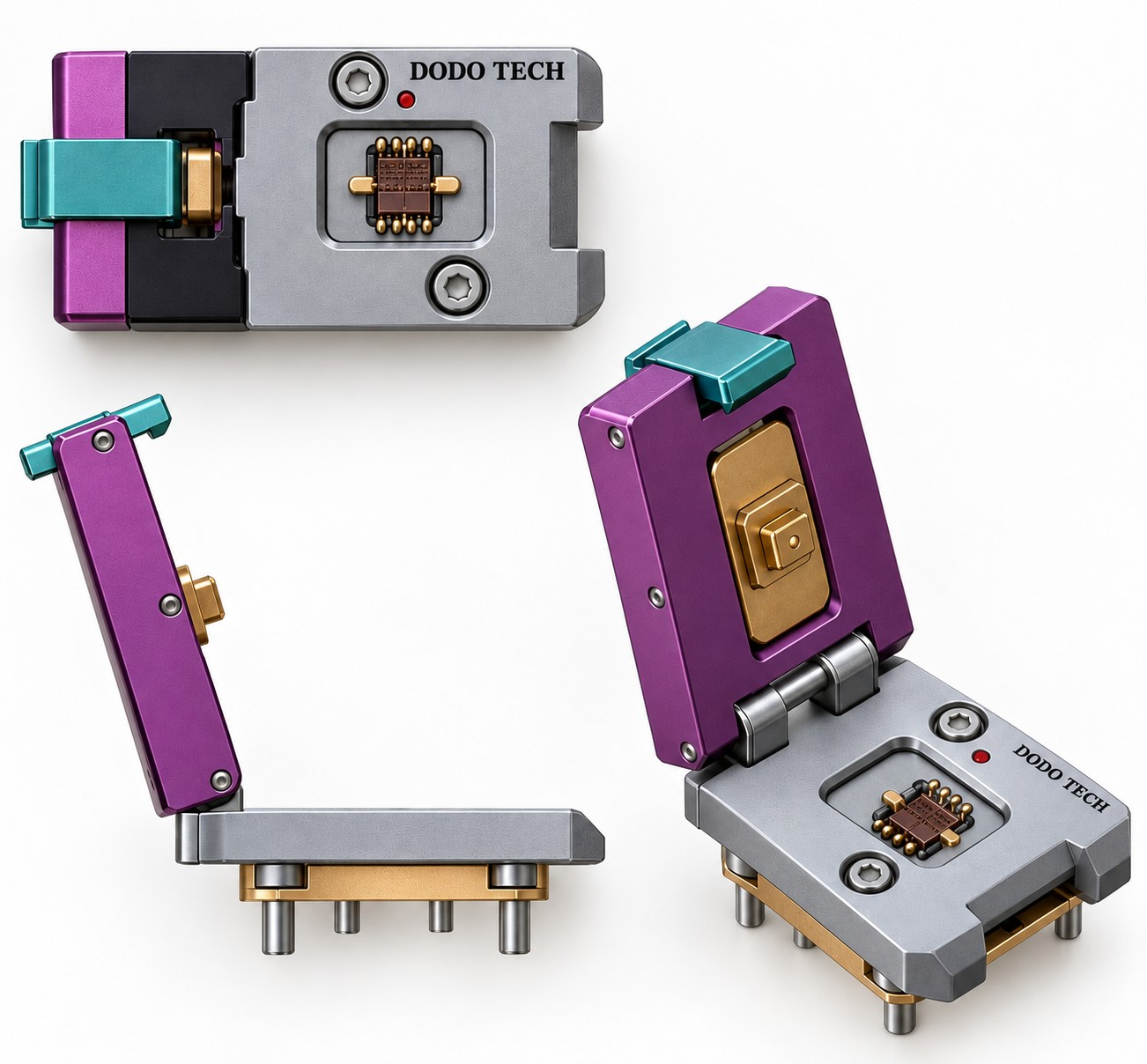 Test socket body shown closed, open, and hinge-open, showing the latch and device cavity