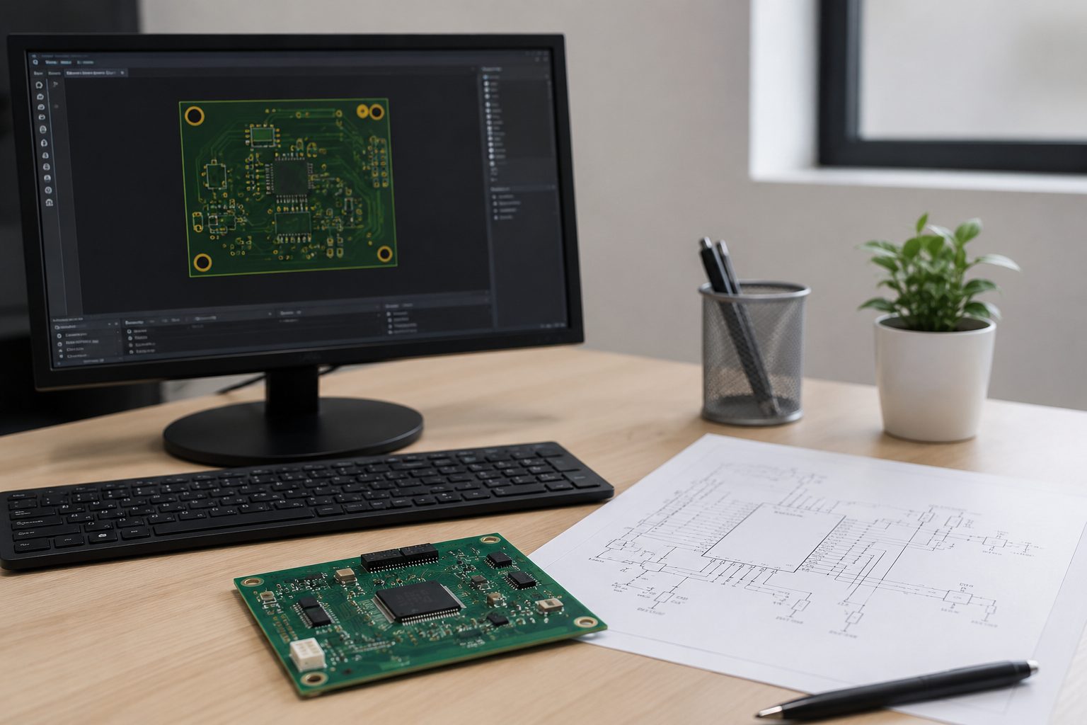 Printed circuit board layout on screen beside an assembled board and a schematic