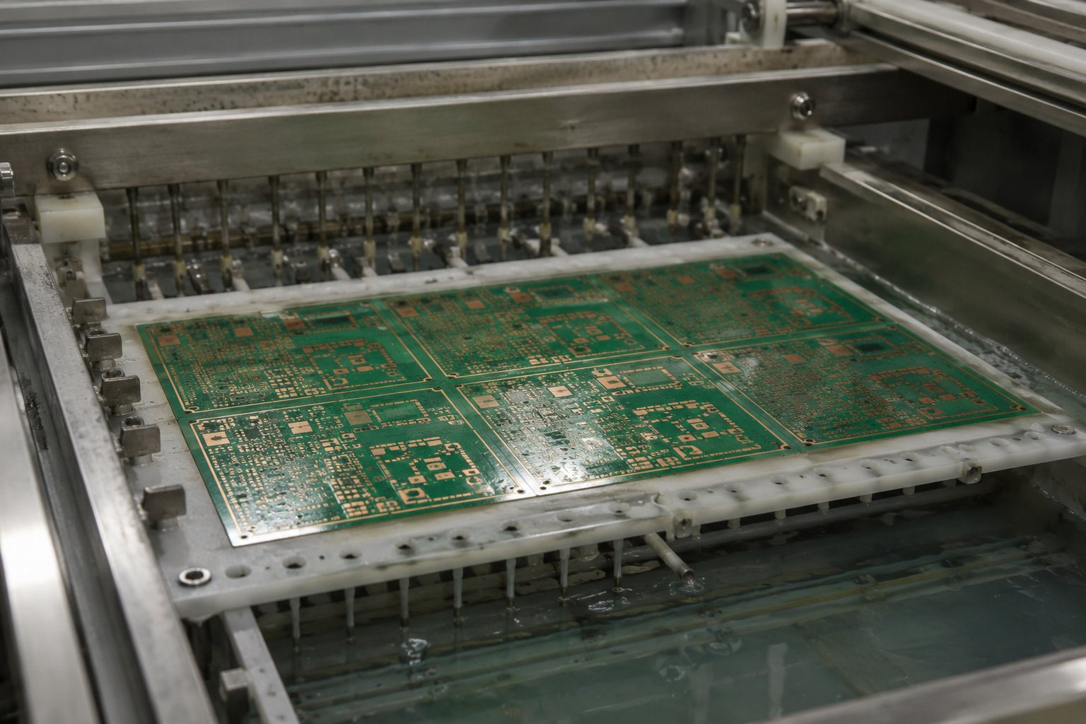Multilayer printed circuit board panel on a carrier frame in the wet process line