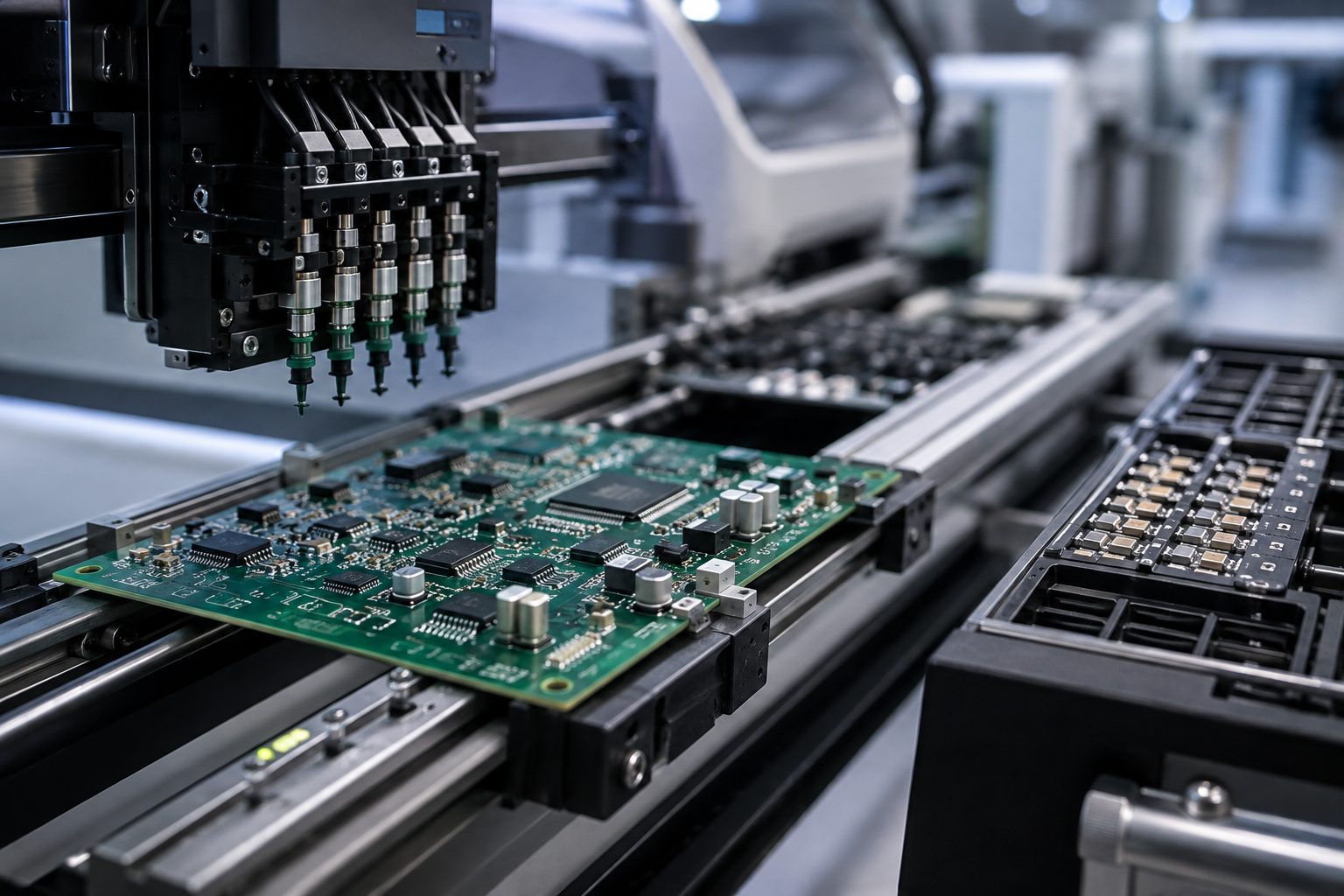Pick-and-place head positioning components onto a printed circuit board