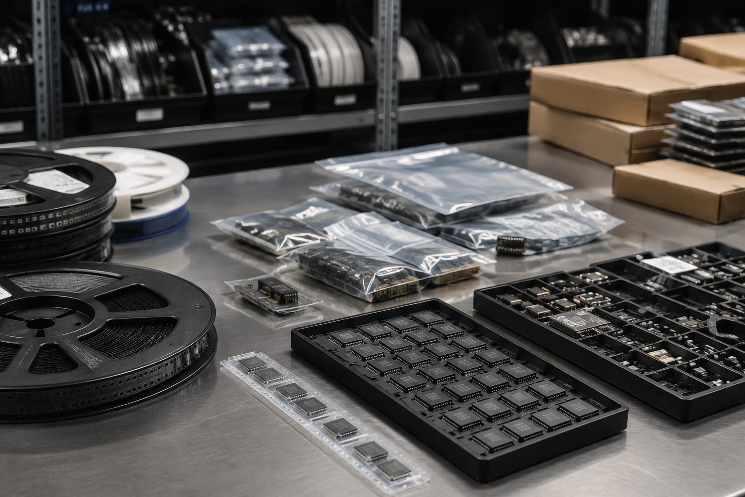 Component reels, trays and ESD-packaged devices staged in the stores area
